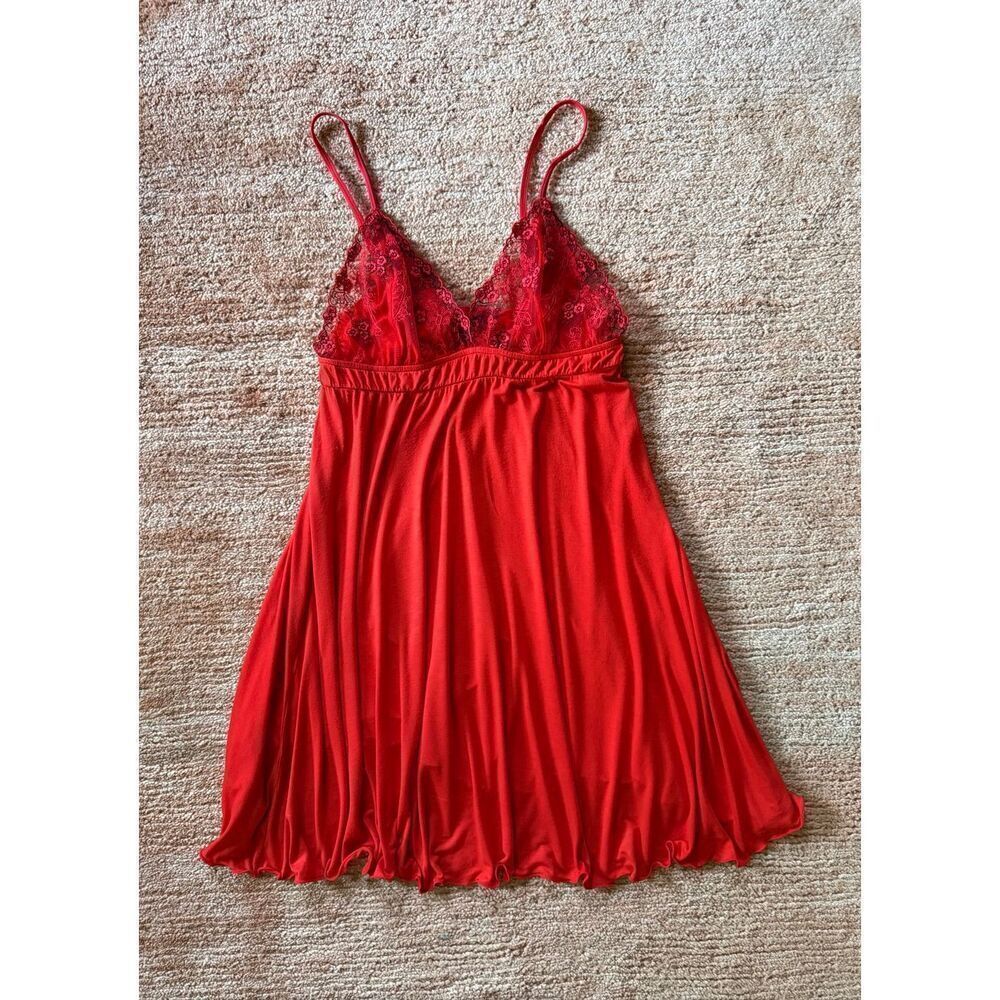 Adome Red Lace Trim Slip Dress M Spaghetti Straps Adjustable Back